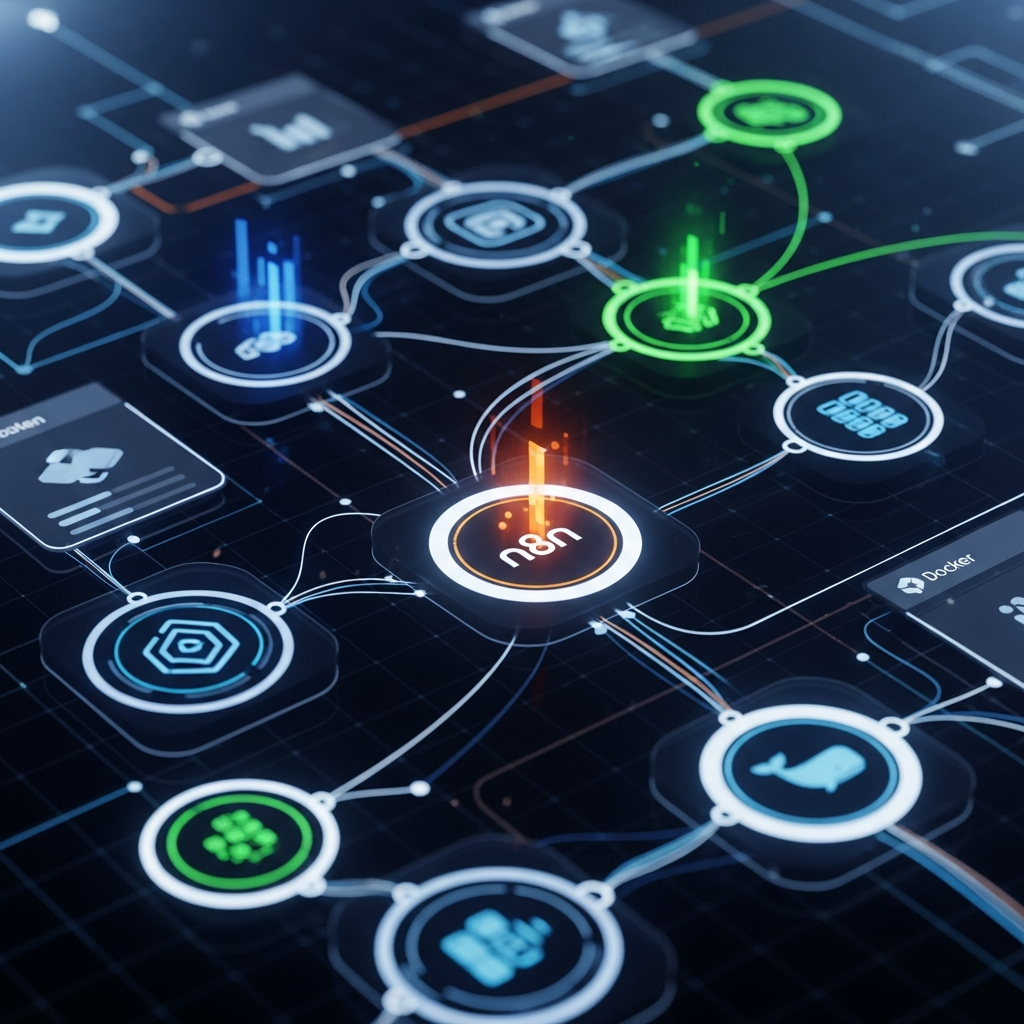 A visually striking image depicting interconnected nodes and processes, representing custom workflow automation with subtle elements hinting at n8n and Docker.