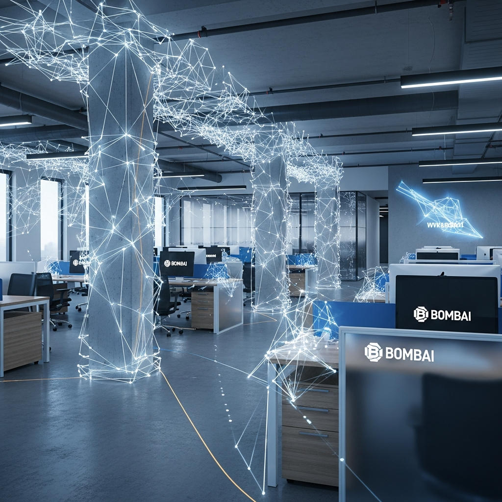 Abstract digital network connections flowing through a clean, modern office space representing Bombai.net's AI automation solutions and global collaboration.
