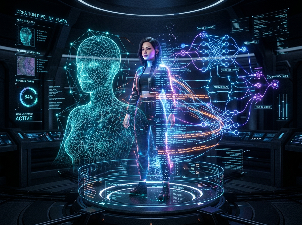 A futuristic, high-tech image illustrating the creation of a virtual influencer