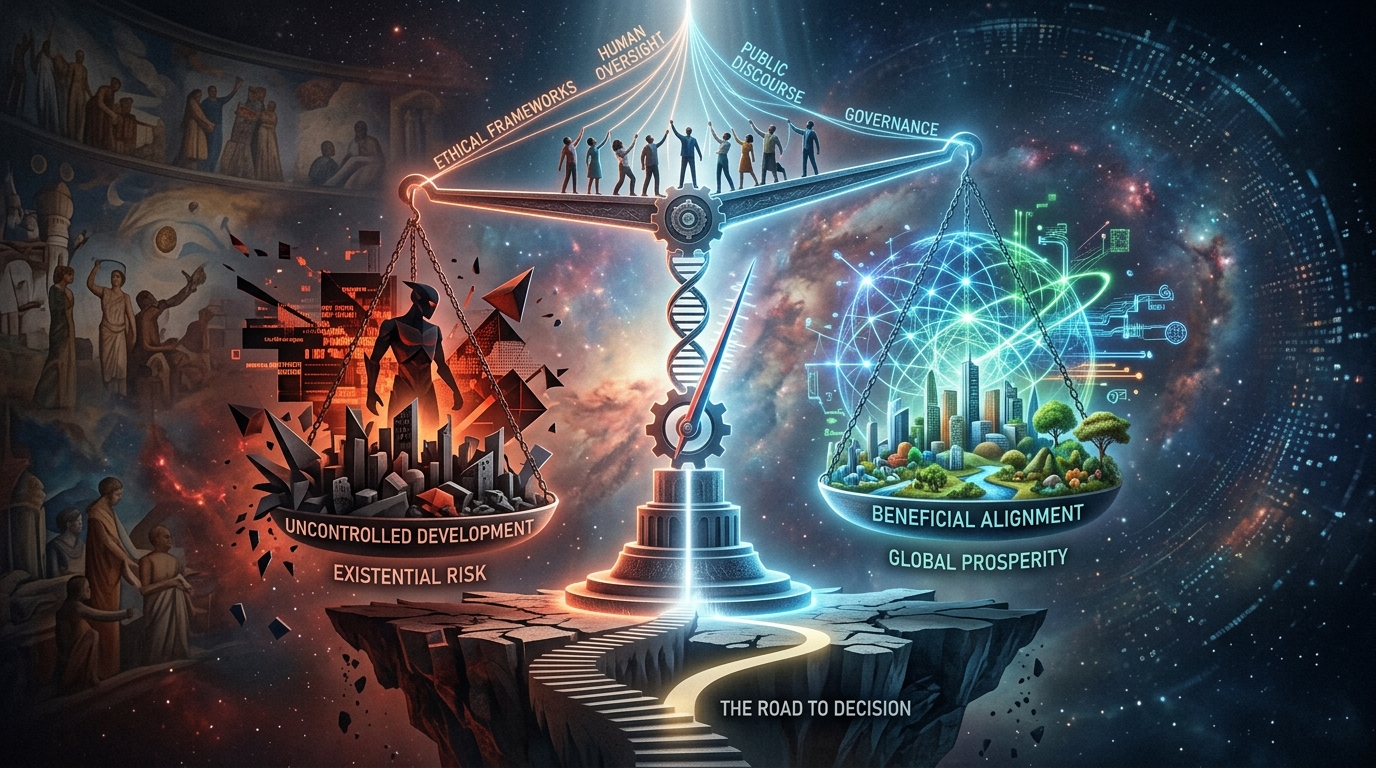 Conceptual image depicting AI governance, human oversight, ethical frameworks, and the potential risks and benefits of AI development.